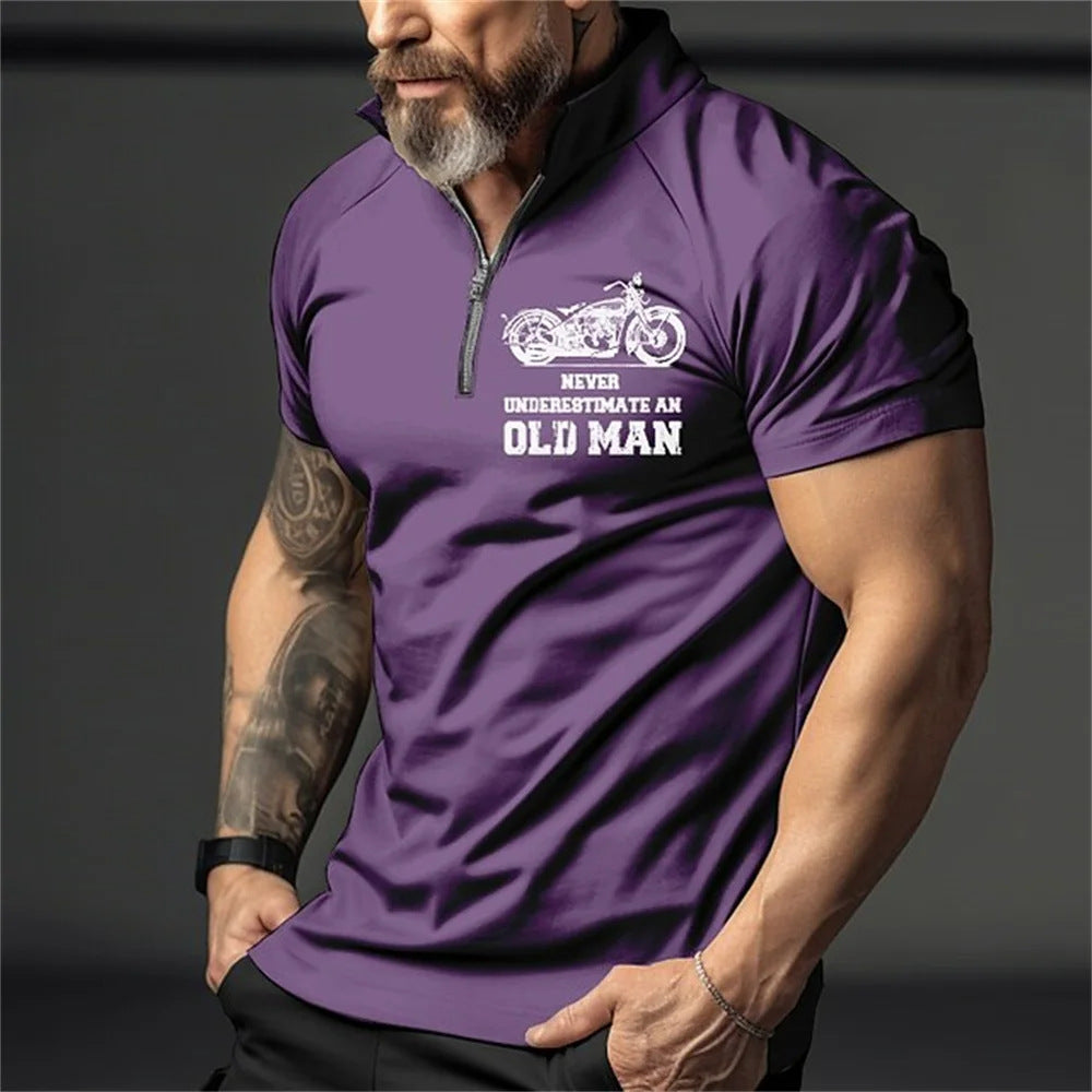 Retro Short Sleeve Men's Polo Shirt Motorcycle 3D Print Turn-Down Collar Zipper Men's Top High Quality Casual Wear