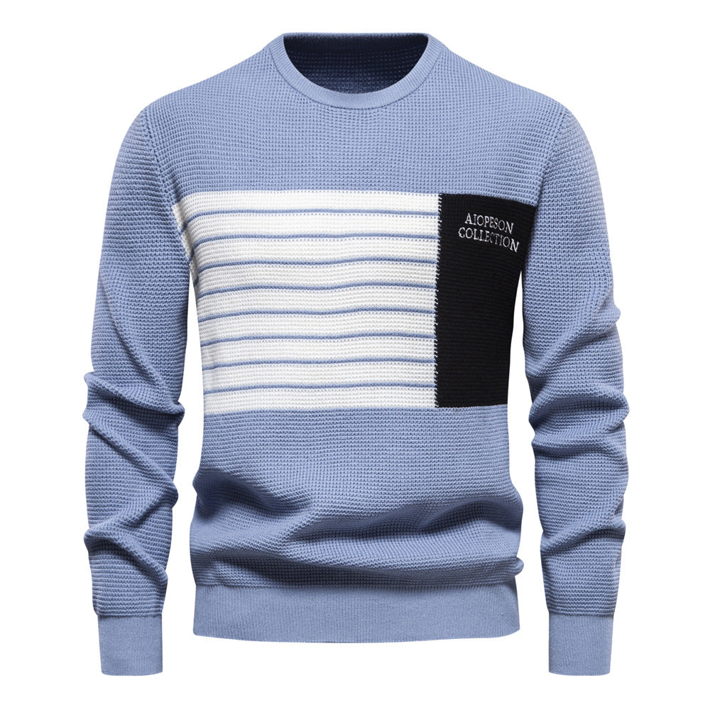 Autumn New Men's Sweater Striped Patch Long-Sleeve Round Neck Trendy Casual Knit