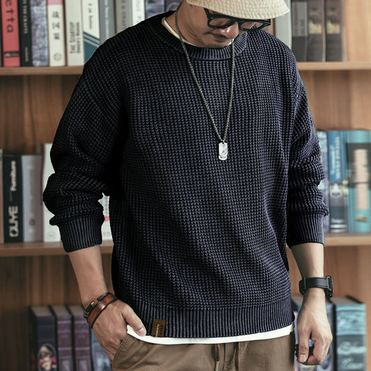 Gelanlu Japanese-Style Pineapple Knit Spring Round Neck Sweater, Chunky Washed Waffle Knit Men's Fashion