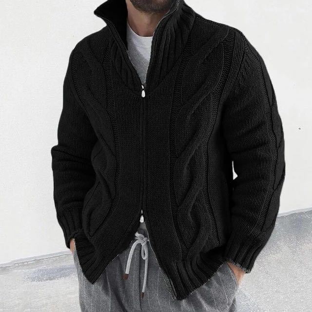 New Men's Solid Color Stand Collar Long-Sleeve Knitted Sweater Fashionable Cardigan
