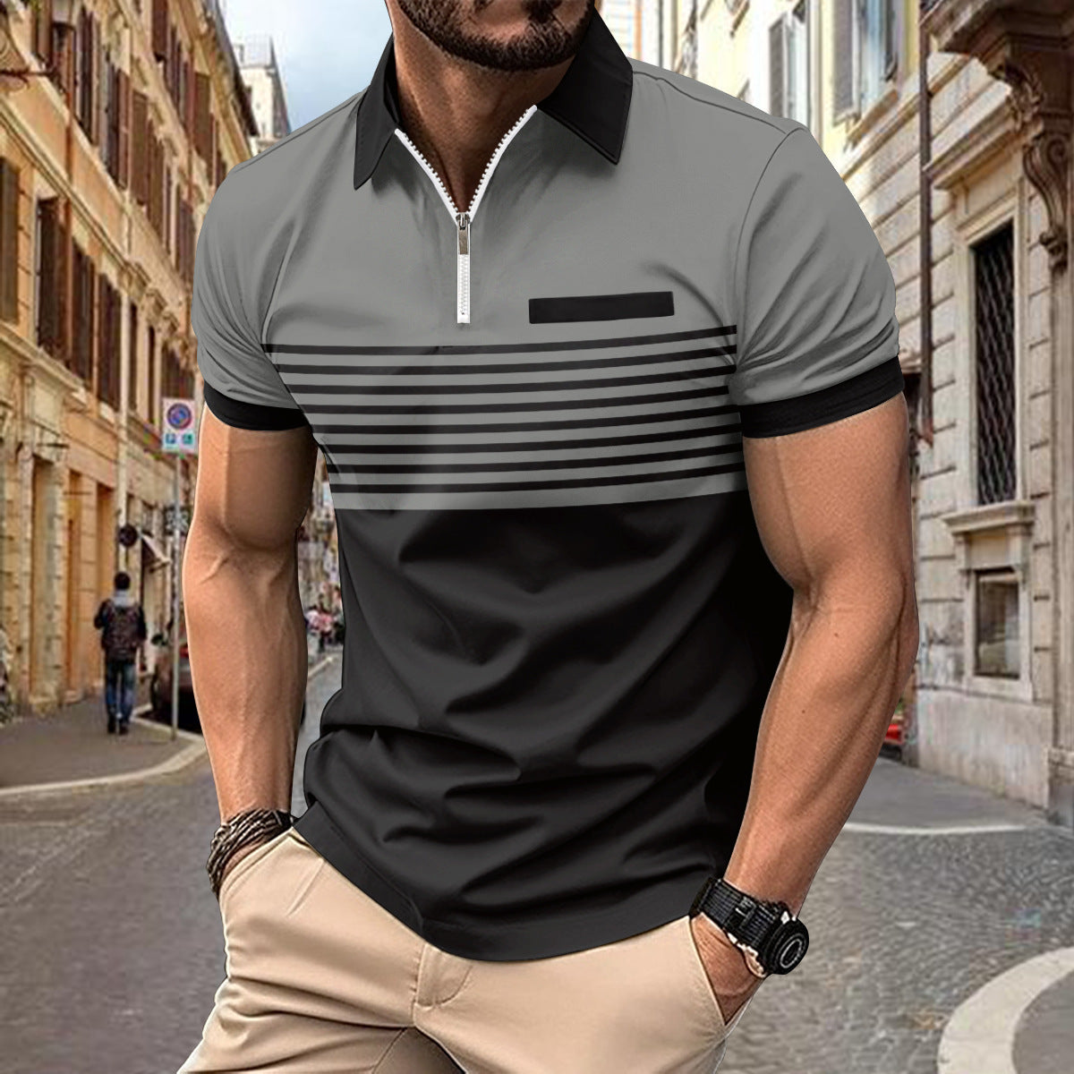 New Hot Sale Summer Polo Shirt Zipper Men's Print Stripe Polo