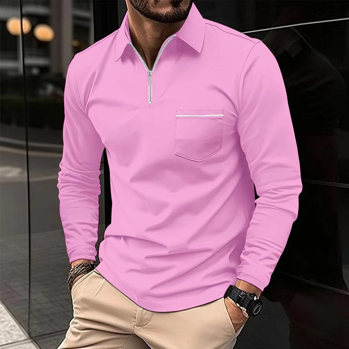 Ins Autumn Polo Shirt Zipper Pocket Men's Long Sleeve Sport Polo Shirt
