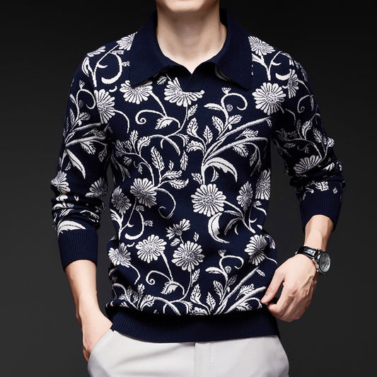 Men's Turn-Down Collar Knit Sweater – Trendy Printed Base Layer for Youth