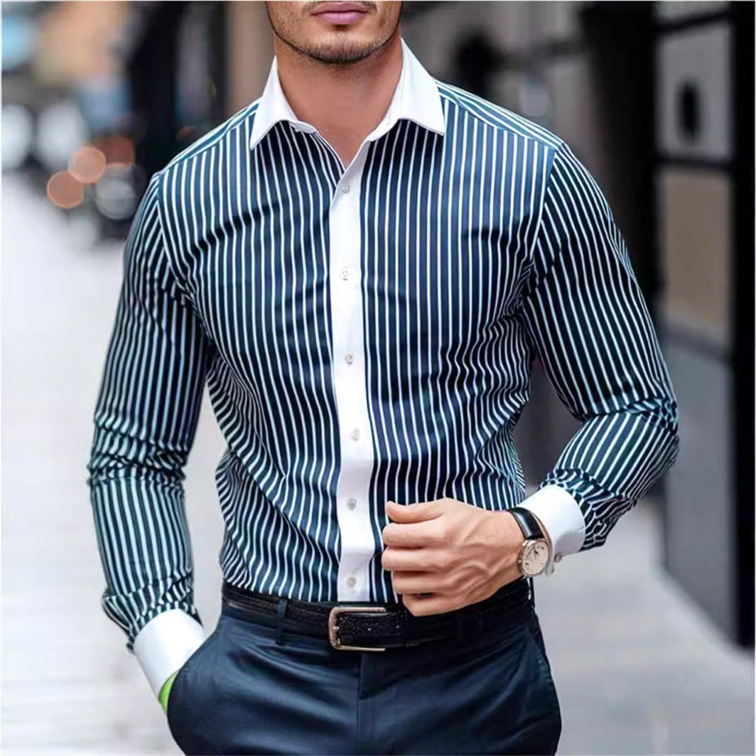 Autumn New Men's Stylish Print Long Sleeve Shirt Fashionable Stand Collar Single Button