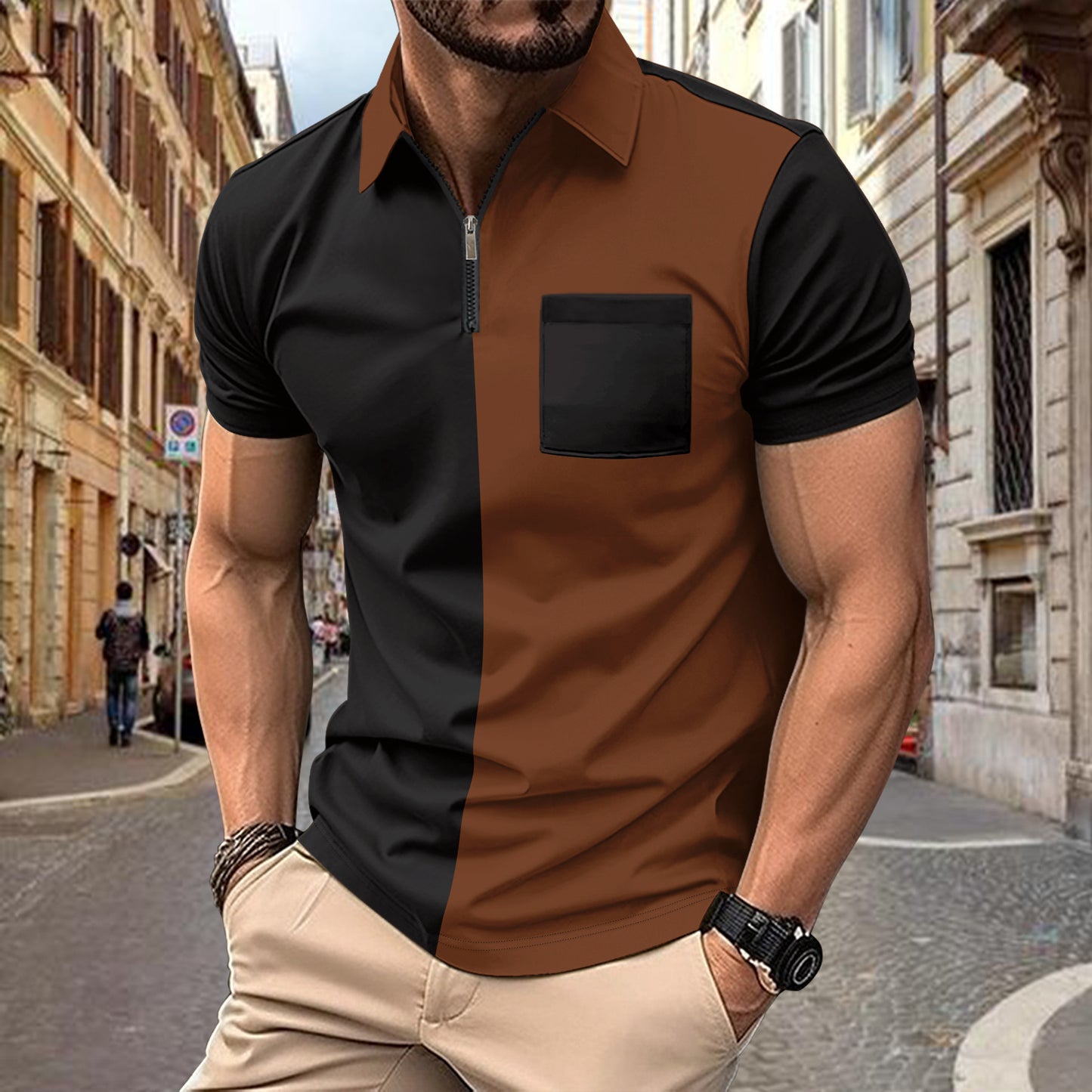 New Men's Casual Polo Shirt Small Twill Self-Fabric Patchwork Turn-Down Collar Button Men's Polo Shirt