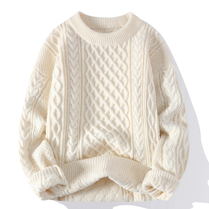 Men's Cable-Knit Sweater Casual Versatile Solid Color Round Neck Pullover