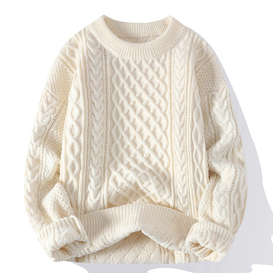 Men's Cable-Knit Sweater Casual Versatile Solid Color Round Neck Pullover