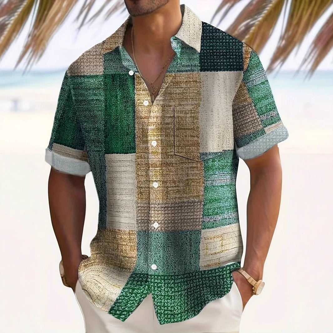 3D Digital Men's Shirt Summer New Casual Versatile Checkered Short Sleeve Sun Protection Top