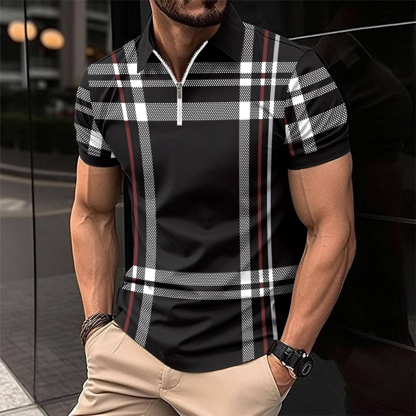 Summer Men's Print Plaid Stripe Polo Shirt Zipper Sport Polo Shirt