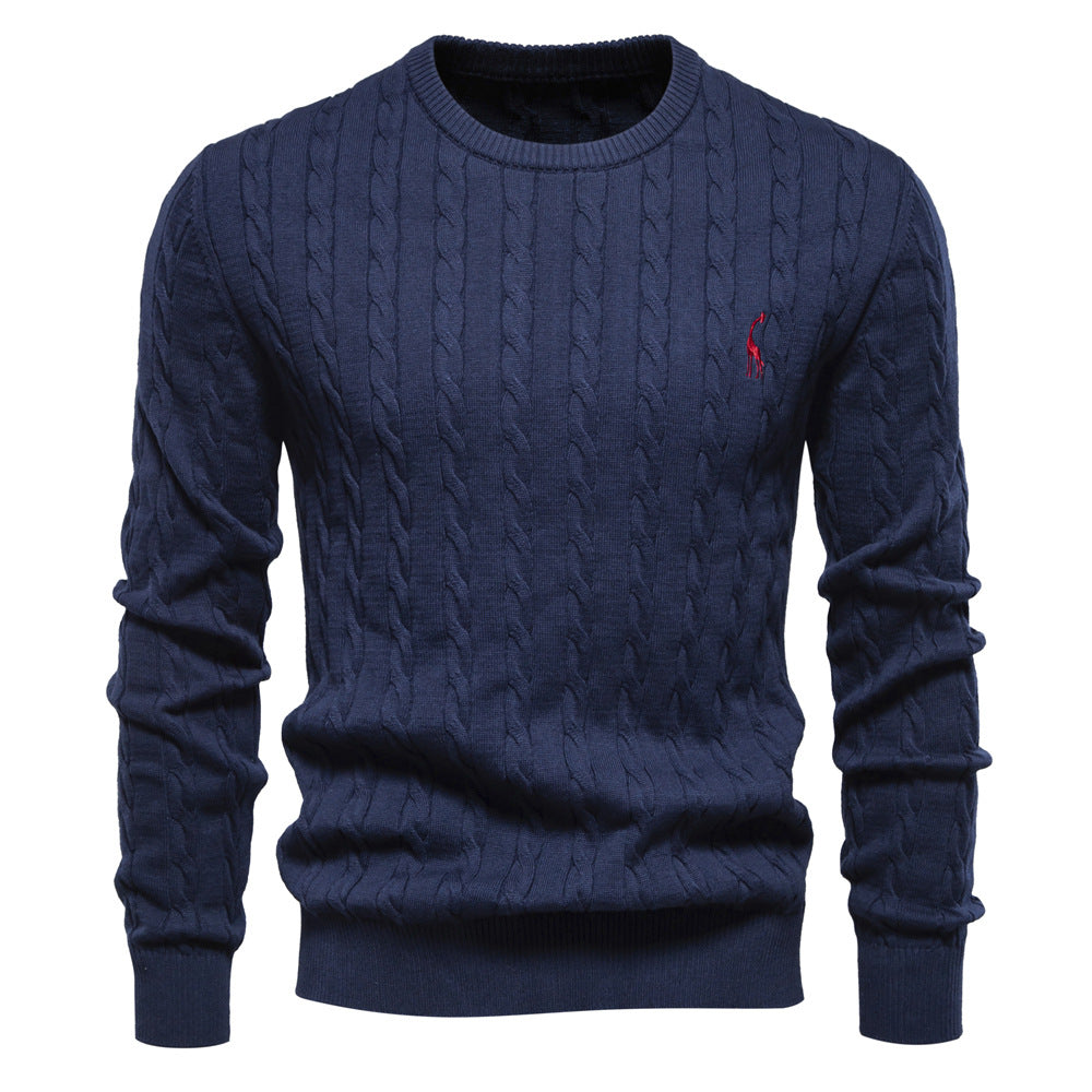 2025 Fall & Winter Men’s Pullover Sweater - High-Quality Solid Color Knit with Deer Embroidery