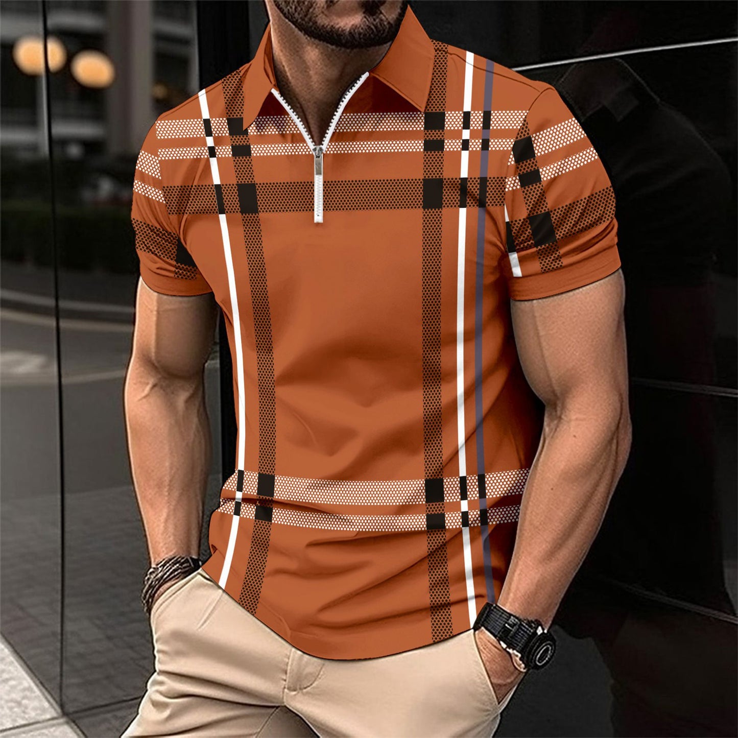 Summer Men's Print Plaid Stripe Polo Shirt Zipper Sport Polo Shirt