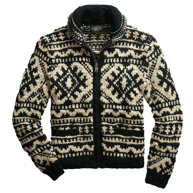 Men’s Jacquard Knit Cardigan – Stand Collar Cotton Blend Sweater for Winter