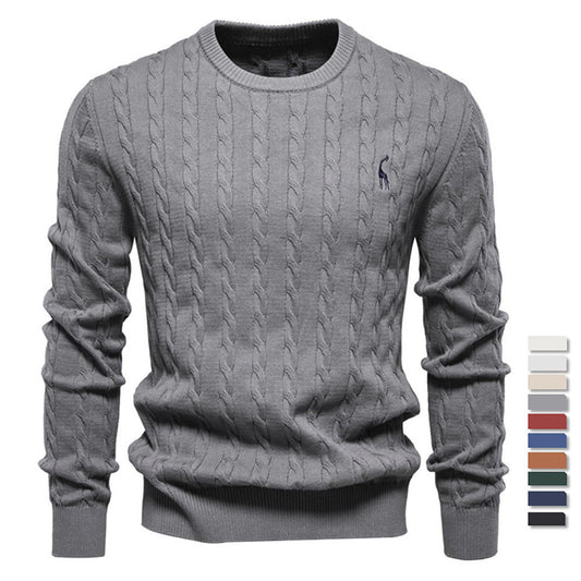 2025 Fall & Winter Men’s Pullover Sweater - High-Quality Solid Color Knit with Deer Embroidery