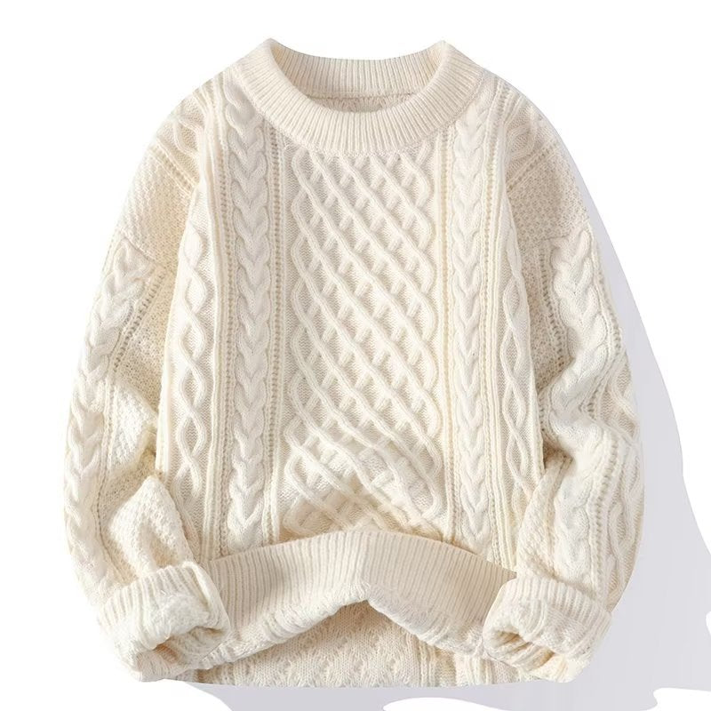Men's Cable-Knit Sweater Casual Versatile Solid Color Round Neck Pullover