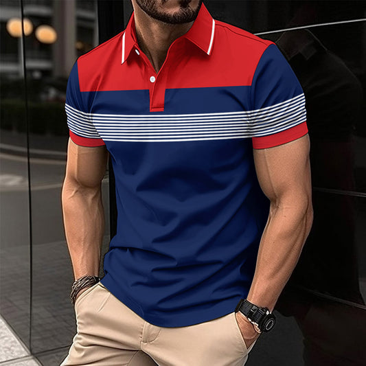 New Men's Casual Polo Shirt Chest Color-Block Turn-Down Collar Button Business Color-Block Top