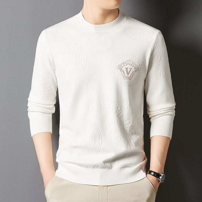 New Knit Sweater Men's Round Neck Jacquard Korean Trendy Long-Sleeve Casual Base Layer Top
