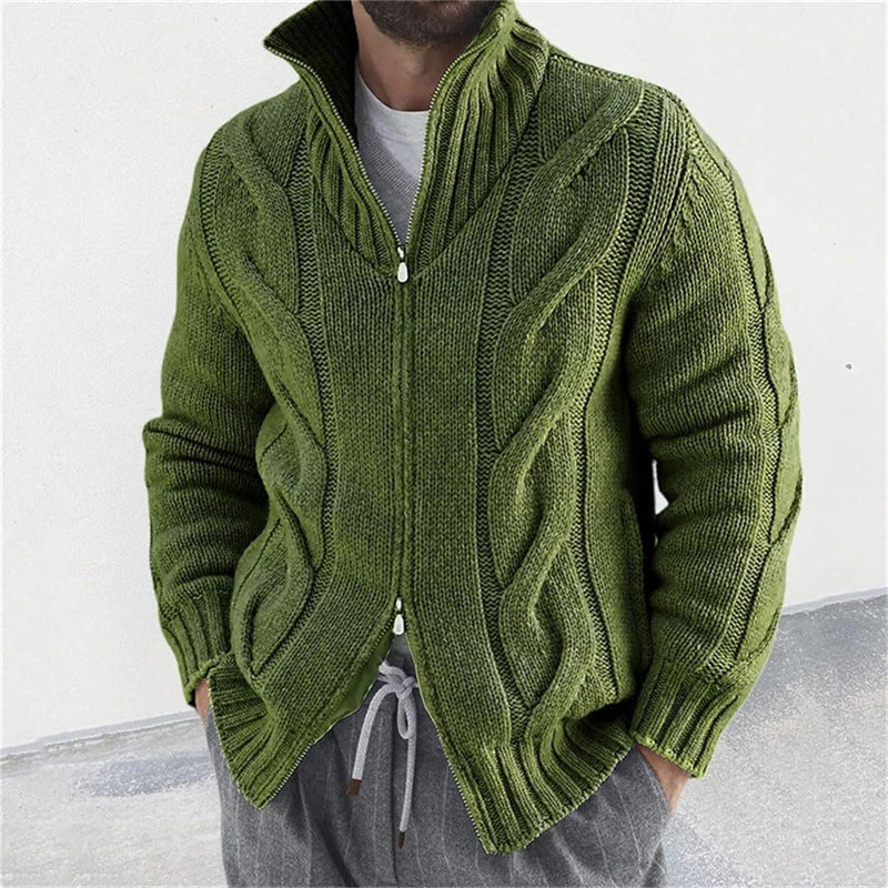 New Men's Solid Color Stand Collar Long-Sleeve Knitted Sweater Fashionable Cardigan