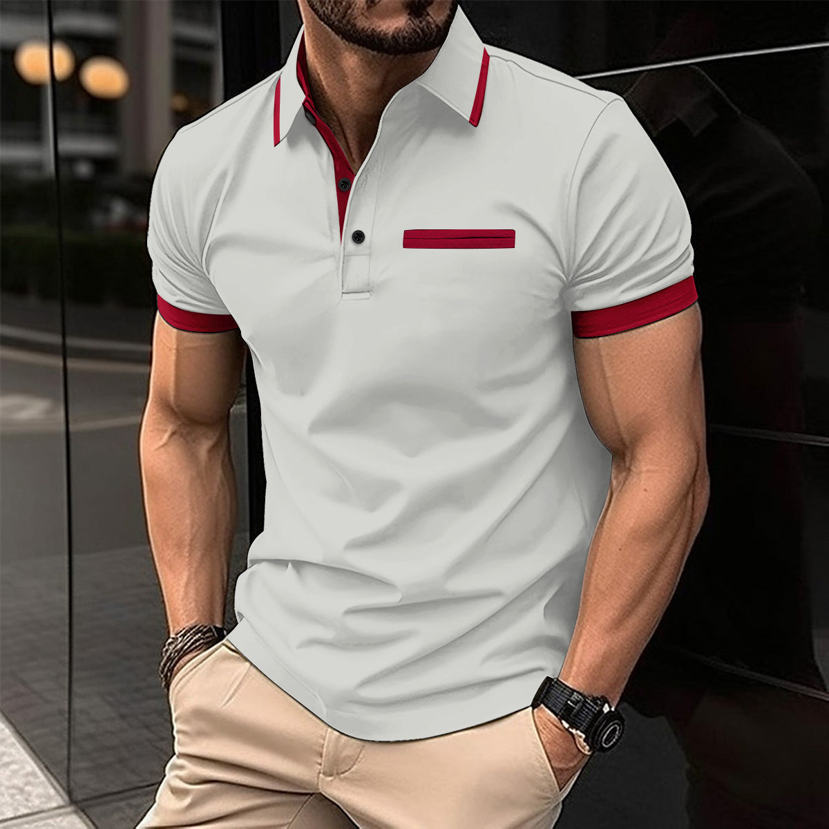 Style Men's Summer New Chest Fake Pocket Patchwork Color-Block Casual Sport Polo Shirt