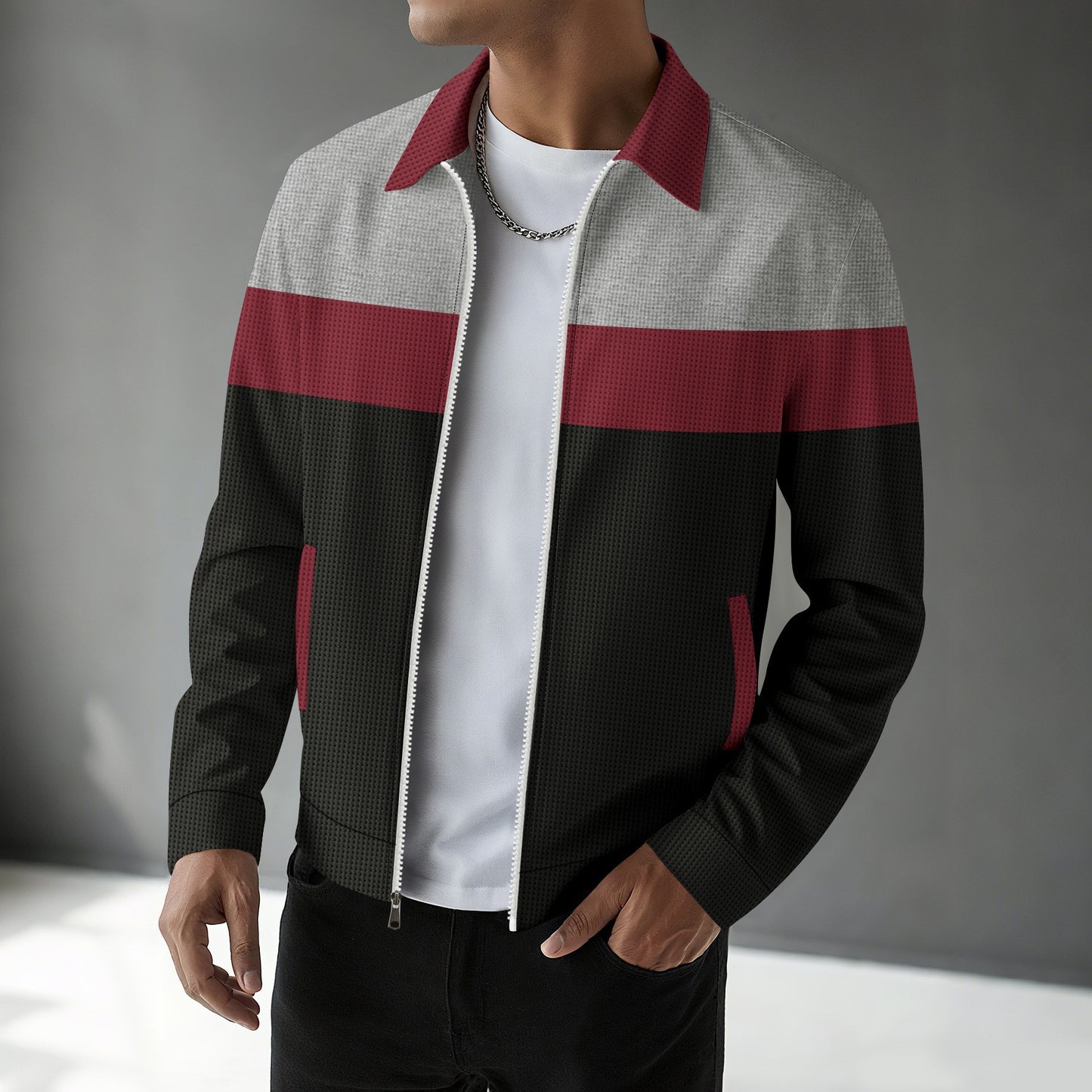 Men’s Autumn Colorblock Waffle Jacket Zip Pocket Turn-Down Collar Cardigan Slim Fit Jacket