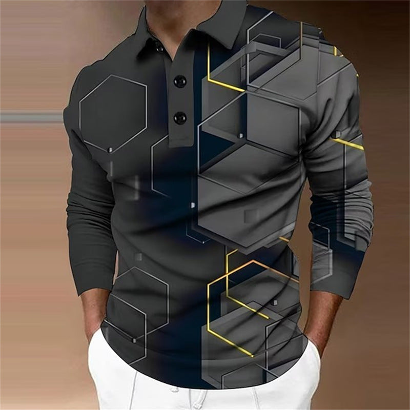 New New Trendy Casual Geometric Pattern Men's Long Sleeve Turn-Down Collar Polo Shirt