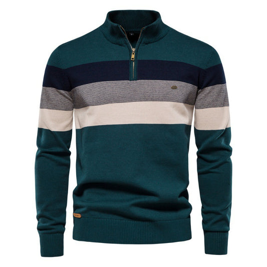Trendy Men’s Semi-Zip Striped Knit Sweater – Color-Block Design