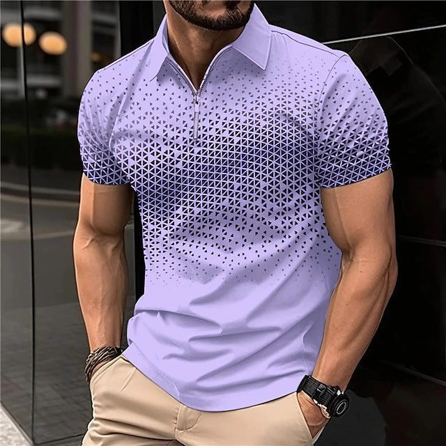 Men's Wear New Independent Site Supply Casual Color-Block Polo Zipper Turn-Down Collar Shirt Short Sleeve