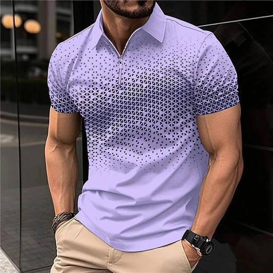 Men's Wear New Independent Site Supply Casual Color-Block Polo Zipper Turn-Down Collar Shirt Short Sleeve