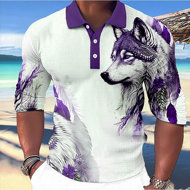 New Autumn Men's Long Sleeve Polo Shirt Animal Print Turn-Down Collar Top