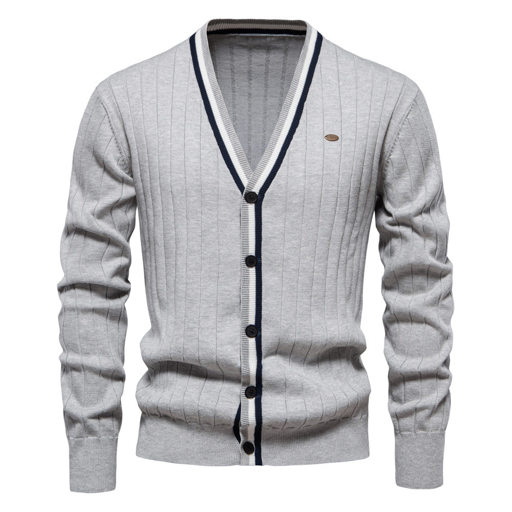 2025 Fall & Winter Men’s V-Neck Cardigan - Trendy Color-Blocked Long Sleeve Knit Sweater