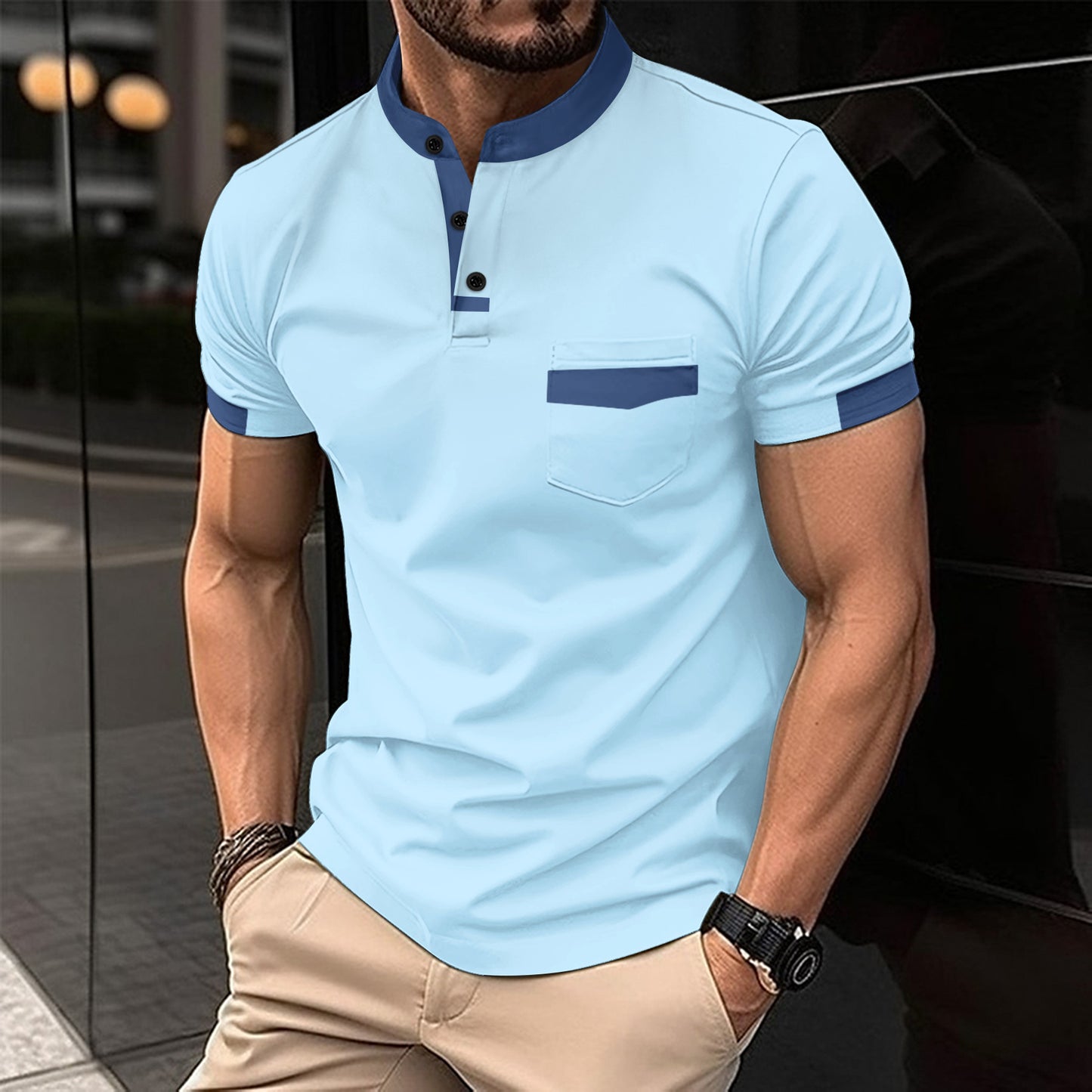 Ins Summer Polo Shirt Color Insert Stand Collar Men's Sport Polo Shirt