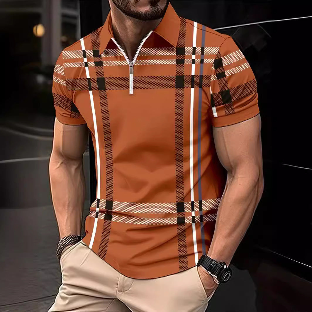 Summer Plaid Print Short Sleeve Top Men's Casual Turn-Down Collar Polo Shirt