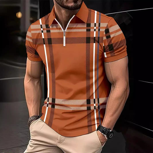 Summer Plaid Print Short Sleeve Top Men's Casual Turn-Down Collar Polo Shirt