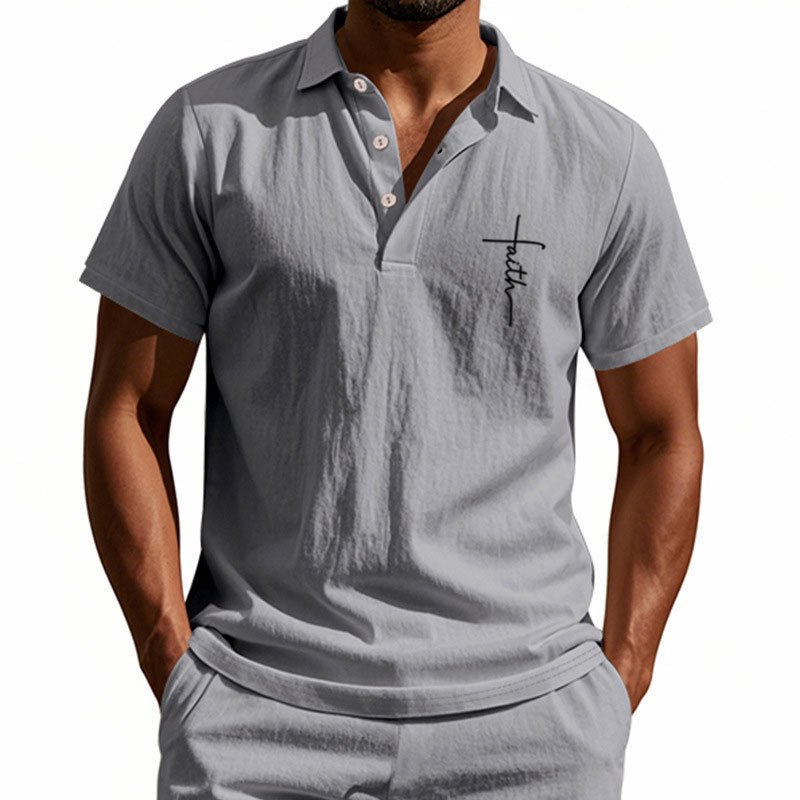 Summer Men's British Style Loose Trendy Breathable Linen Turn-Down Collar Button Polo Shirt Short Sleeve