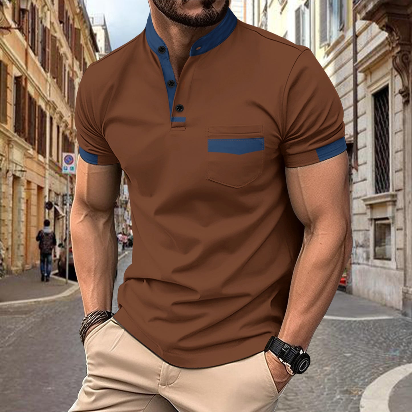 Ins Summer Polo Shirt Color Insert Stand Collar Men's Sport Polo Shirt