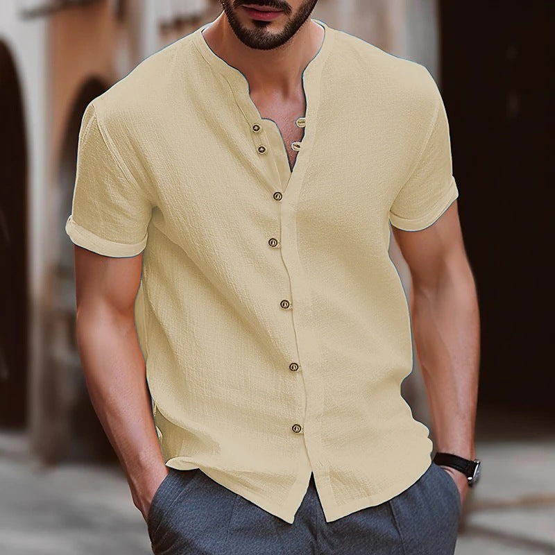Men's Shirt New Best-Seller Fashion Linen Vintage Button Casual Short Sleeve Shirt