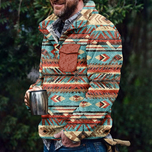 Winter Men's Ethnic 3D Print Faux Fur Hoodie Fashion Casual Wear