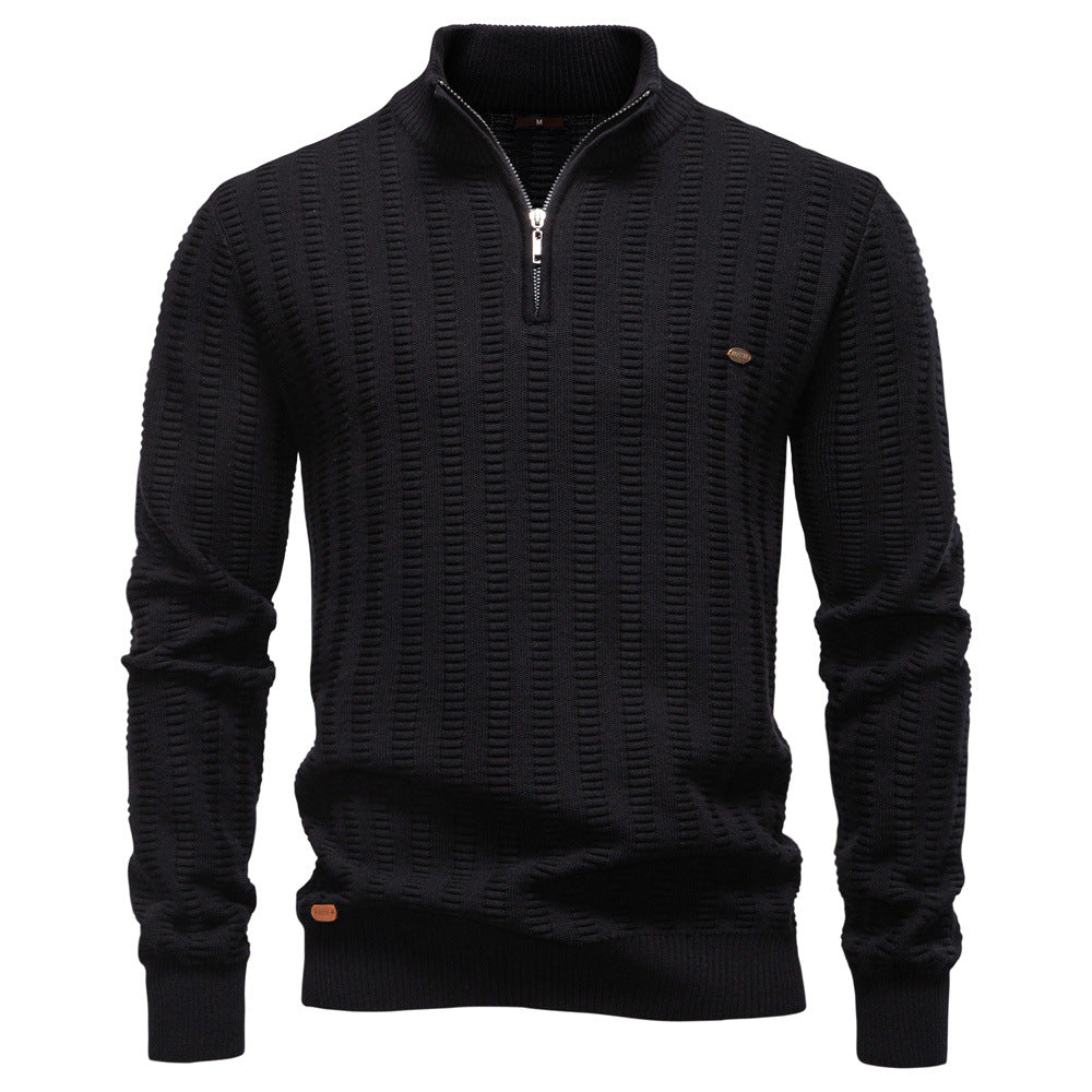 New Striped Jacquard Men’s Semi-Zip Stand Collar Business Sweater
