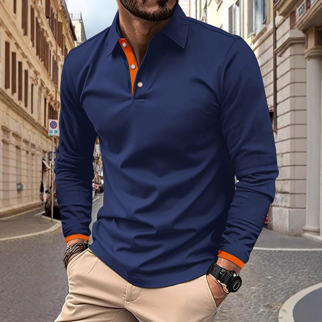 Spring Autumn Men's New Color-Block Outdoor Sport Casual Turn-Down Collar Long Sleeve Casual Sport Polo Shirt