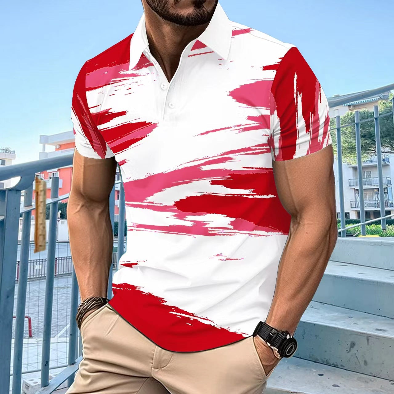 Wish Independent Site Style Summer Digital Print Short Sleeve Button Men's Polo Shirt