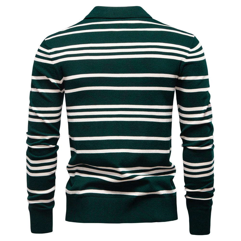 New Turn-Down Collar Striped Polo Knit Sweater for Men