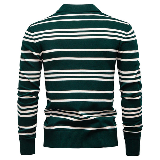 New Turn-Down Collar Striped Polo Knit Sweater for Men