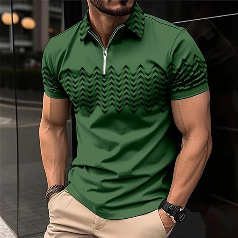 Men's Wear New Independent Site Supply Casual Color-Block Polo Zipper Turn-Down Collar Polo Shirt Short Sleeve