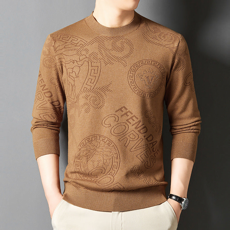 New Knit Sweater Men's Round Neck Jacquard Korean Trendy Long-Sleeve Casual Base Layer Top