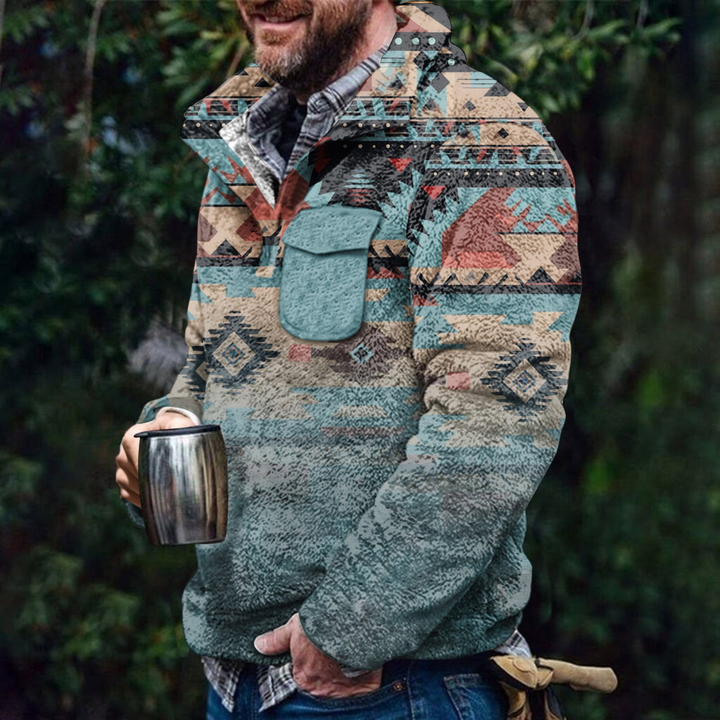 Winter Men's Ethnic 3D Print Faux Fur Hoodie Fashion Casual Wear
