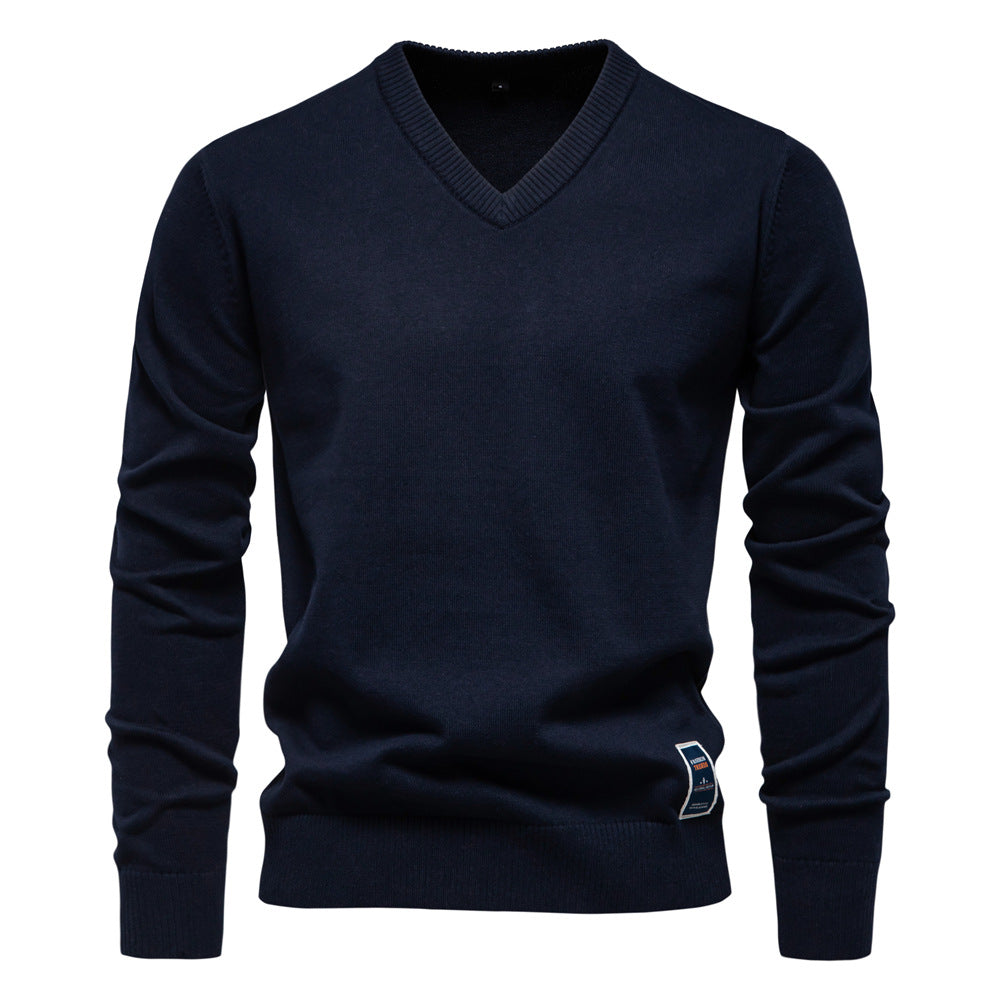 2025 Fall/Winter Men’s Cotton V-Neck Sweater | Trendy Solid Color Knit Pullover