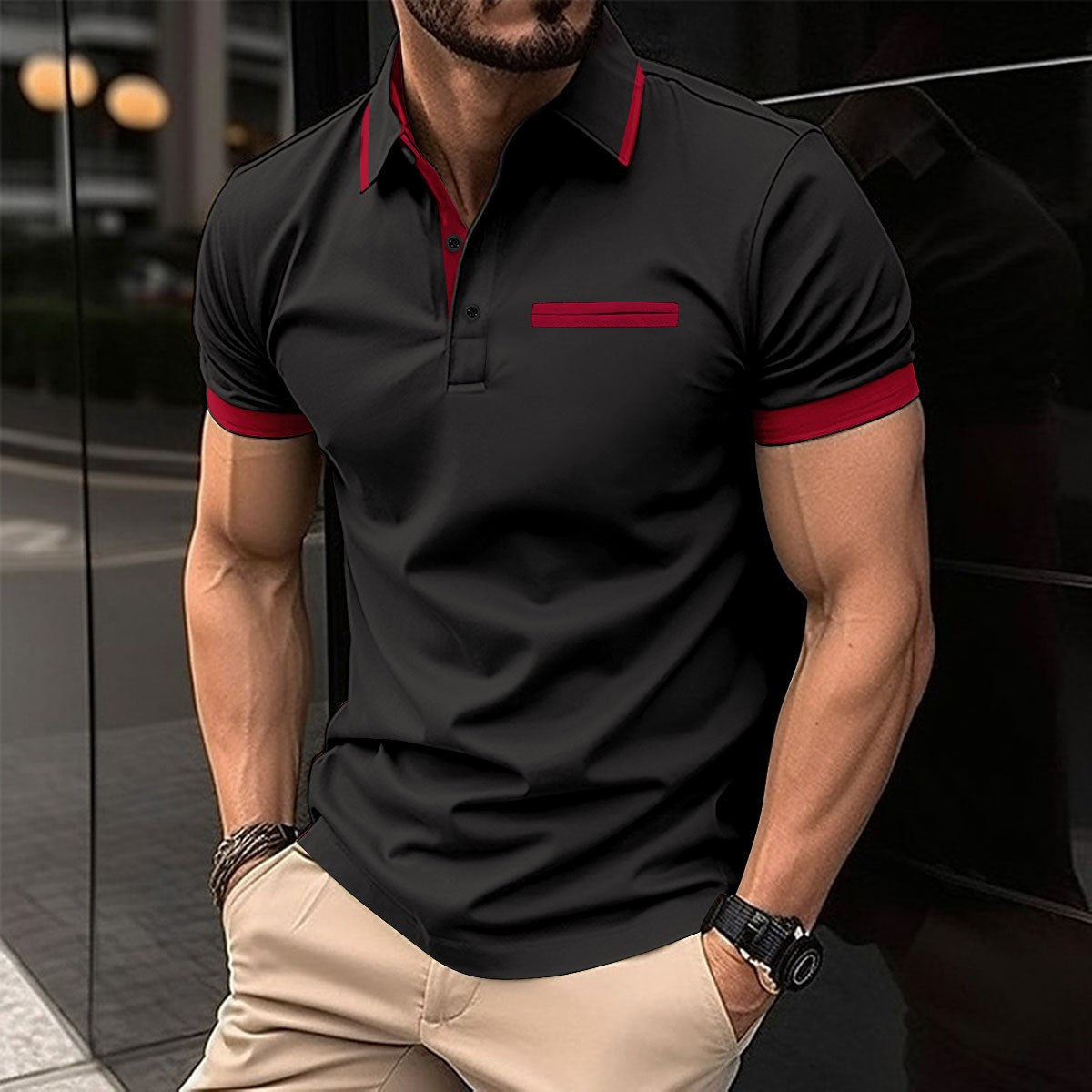 Summer Men's New Casual Turn-Down Collar Chest Fake Pocket Button Color-Block Casual Polo Shirt
