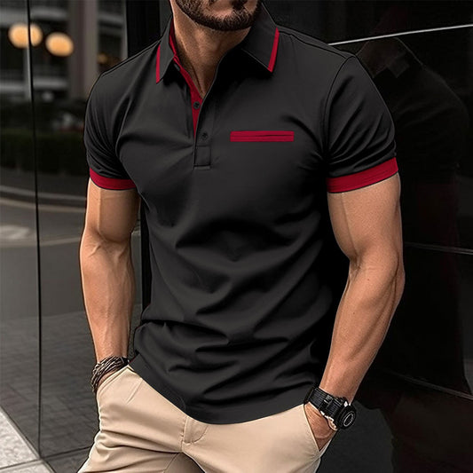 Summer Men's New Casual Turn-Down Collar Chest Fake Pocket Button Color-Block Casual Polo Shirt