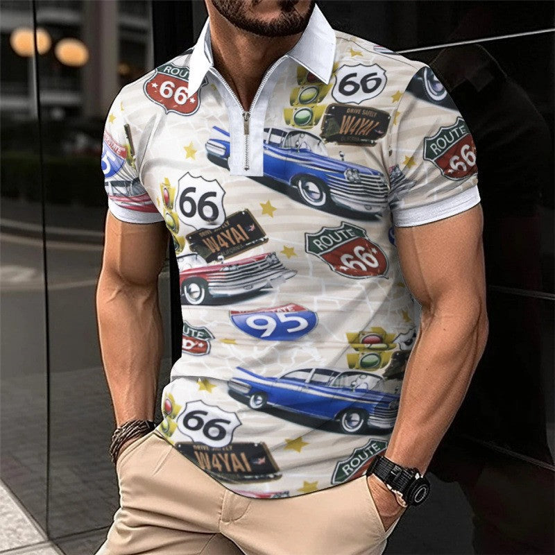 Trendy Men Summer Men's Short Sleeve Polo Shirt Turn-Down Collar Zipper Slim Fit Top T