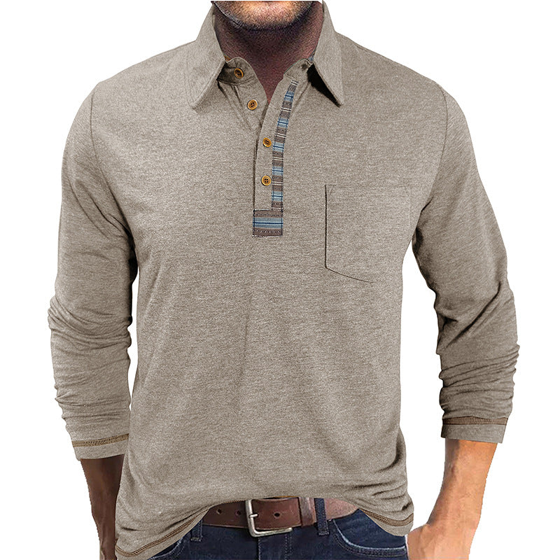 Men's Button-Down Collar Colored Cotton Long Sleeve Polo Casual Fashion Pocket Base Layer Top