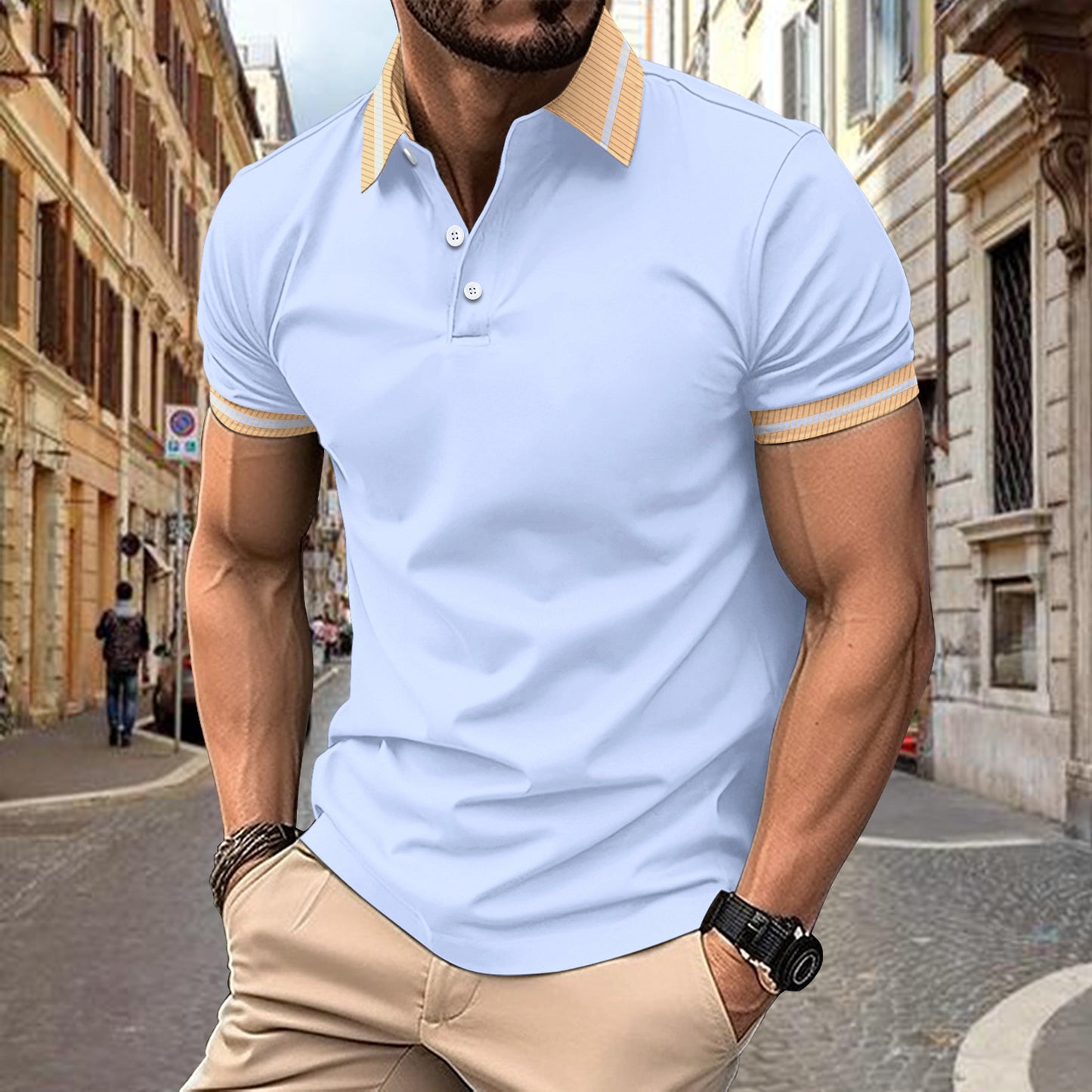 Ins Summer Polo Shirt Color-Block Button Men's Sport Polo Shirt